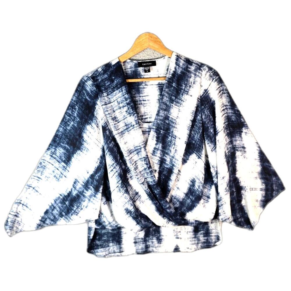 Karen Kane Womens Blouse S Navy White Faux Wrap Bell Sleeve High Low USA
